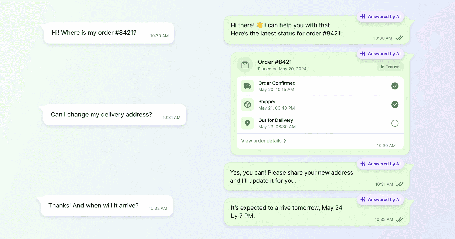 IrisAgent AI replying to customer questions on WhatsApp