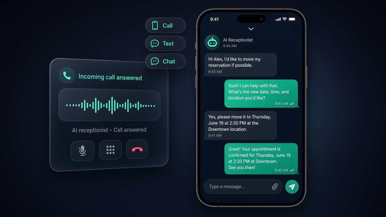 AI receptionist answering phone, text, and chat on the channels you already run